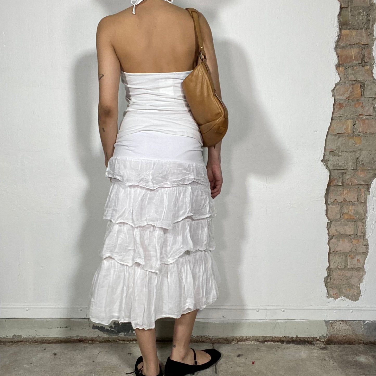 Vintage 90's Coquette White Layered Midi Skirt with Jersey Waist Band (S)