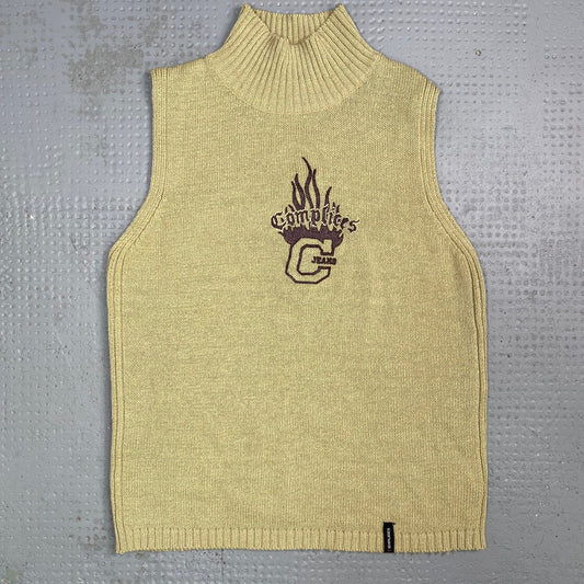 Vintage 90's Rachel Green Beige Highneck Knitted Top with Flamind Brand Logo Embroidery Detail (S)