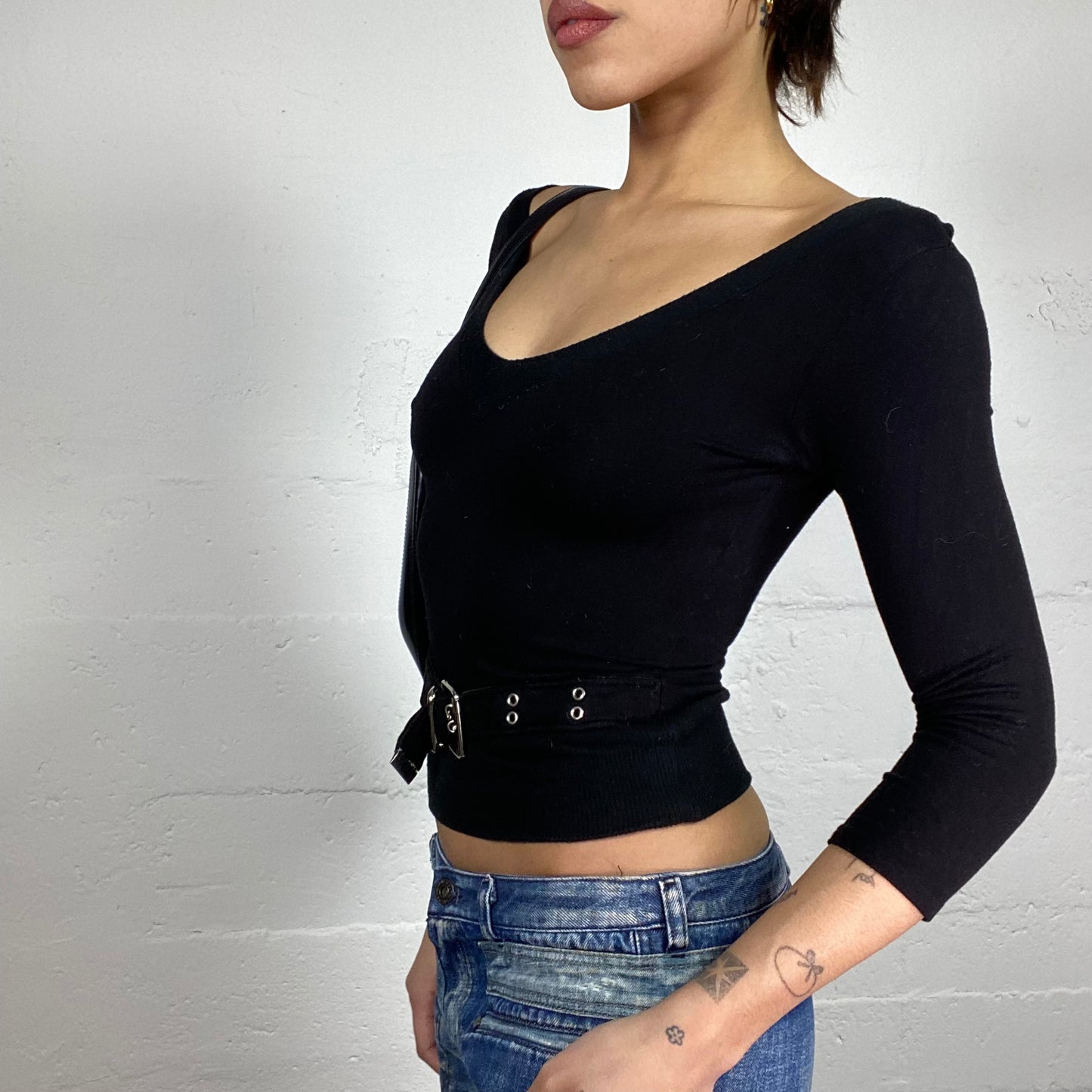 Vintage 90's Romantic Girl Black Longsleeve Top with Belted Bottom Detail (S)