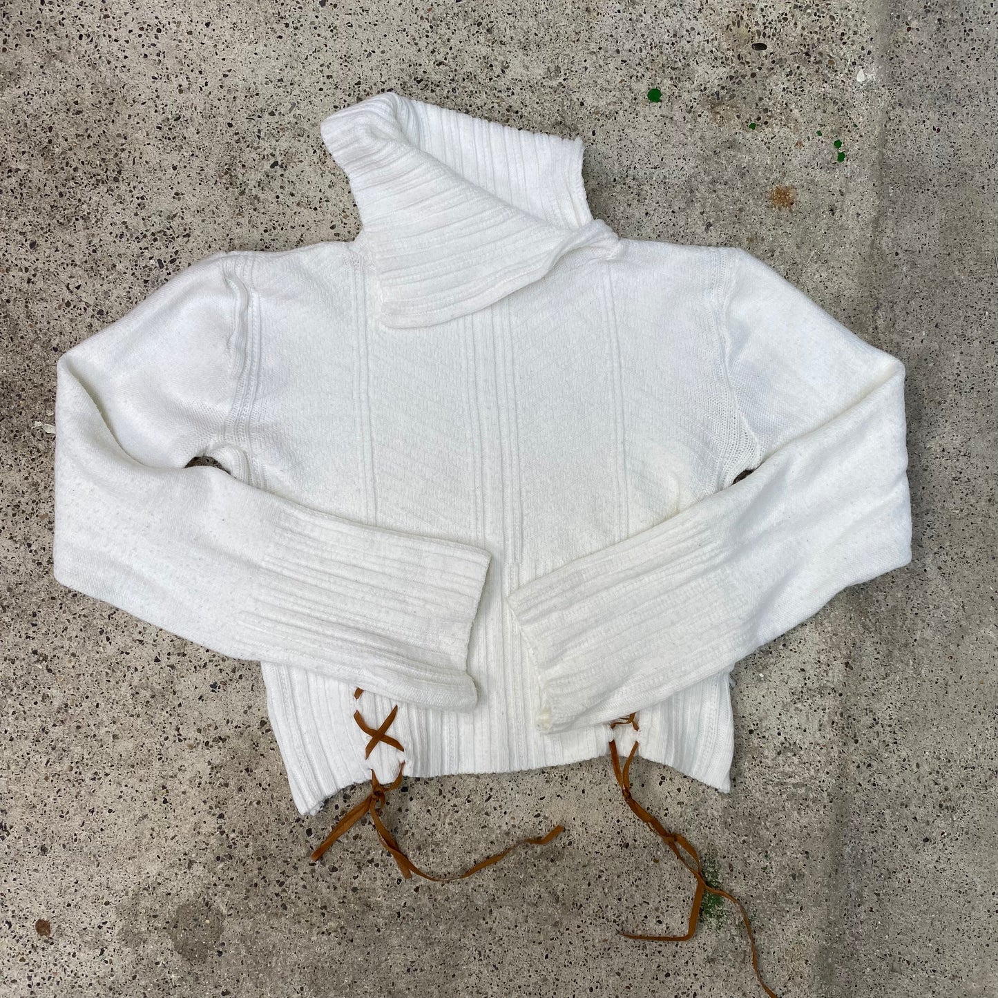 Vintage 2000's Western White Knit Sweater with Brown Lace Up Detail (S)