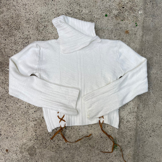 Vintage 2000's Western White Knit Sweater with Brown Lace Up Detail (S)