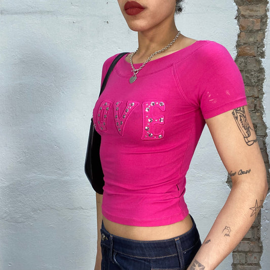 Vintage 2000's Downtown Girl Hot Pink Baby Tee with 'Love' Print (XS/S)