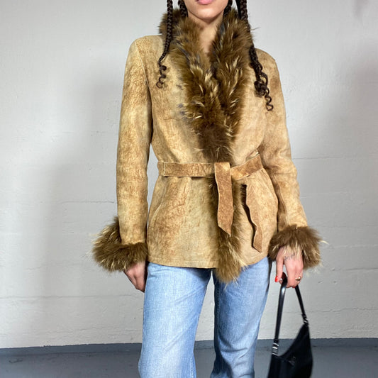 Vintage 2000's Bratz Brown Short Afghan Coat with Brown Fur Collar and Sleeves Detail (S)