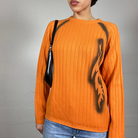Vintage 90's Rave Orange Ribbed Knit Pullover with Sprayed Tribal Print Detail (M)