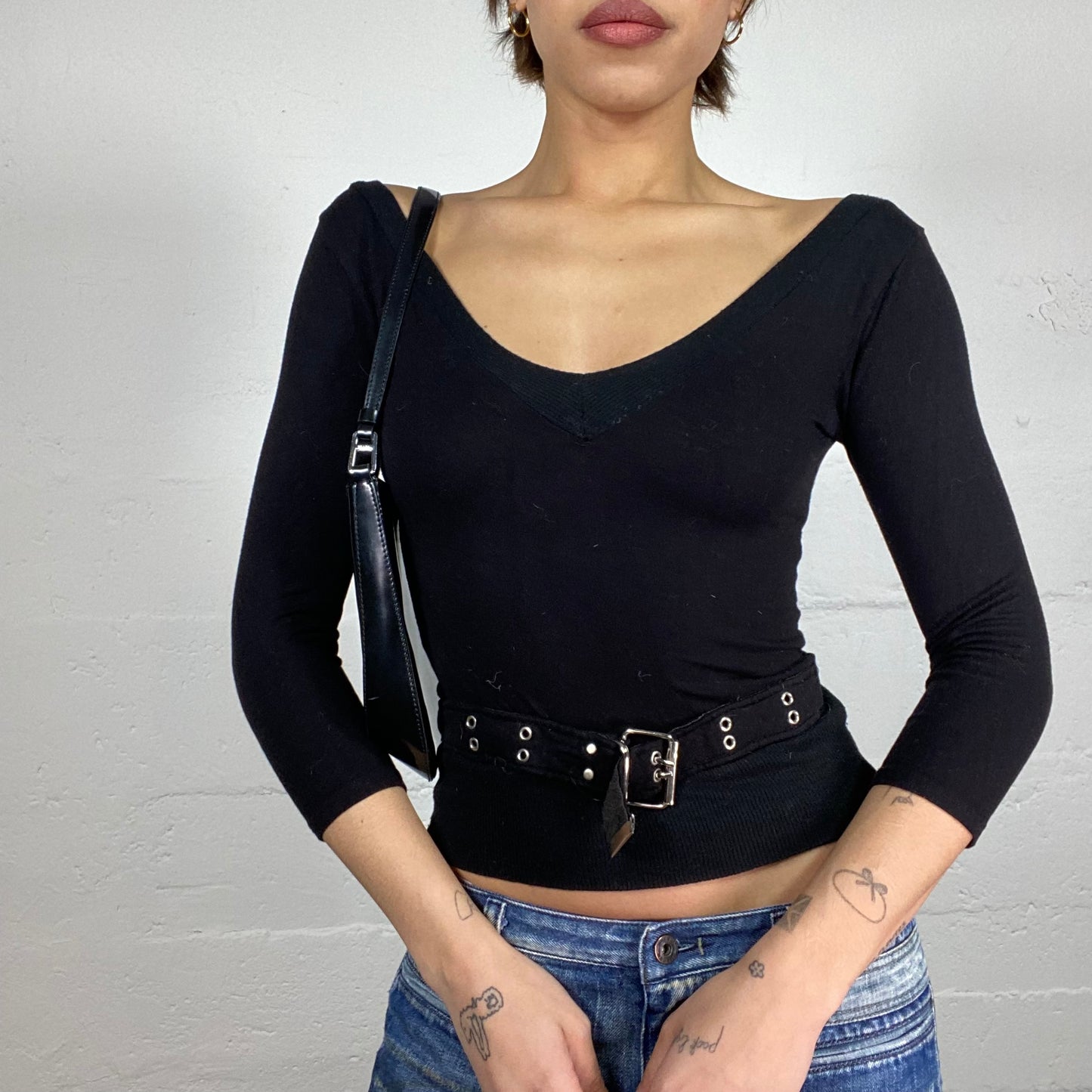 Vintage 90's Romantic Girl Black Longsleeve Top with Belted Bottom Detail (S)