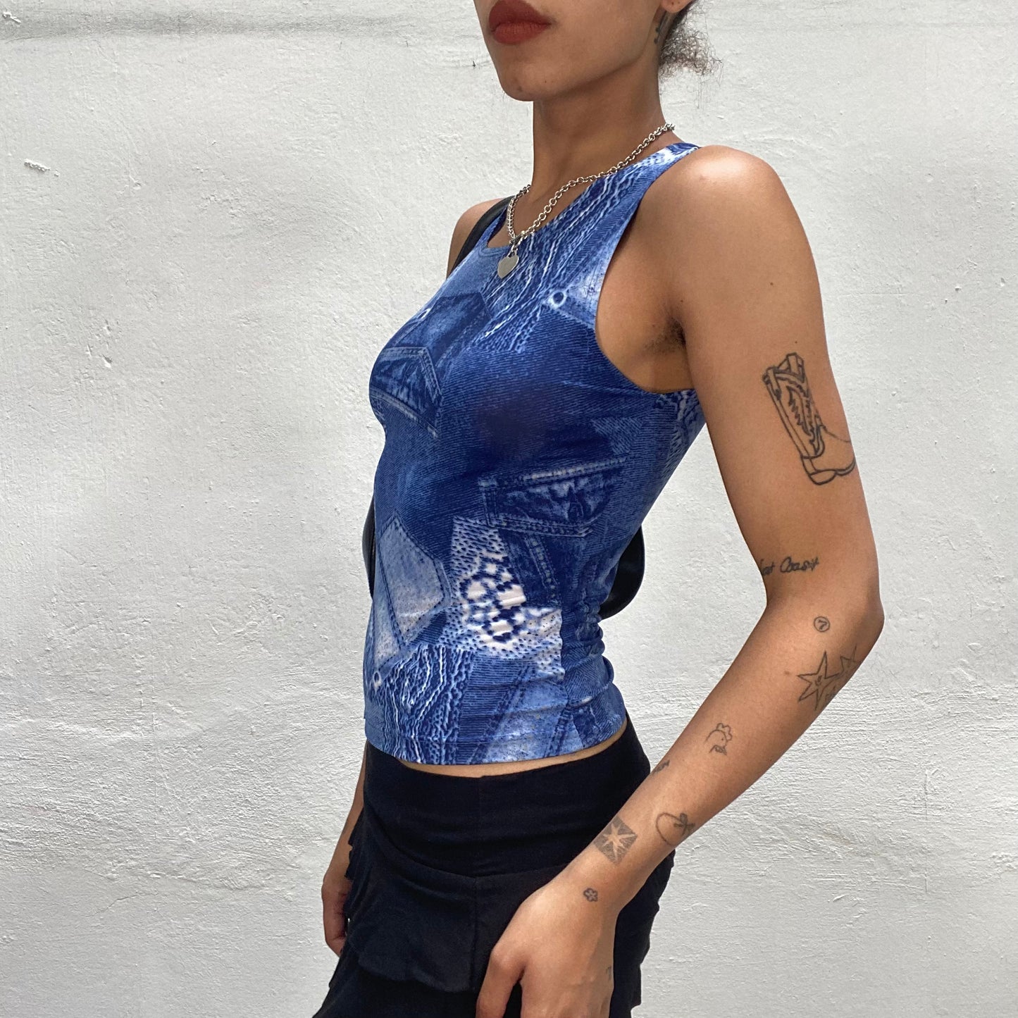 Vintage 2000's Festival Blue Top with Jeans Print (S)