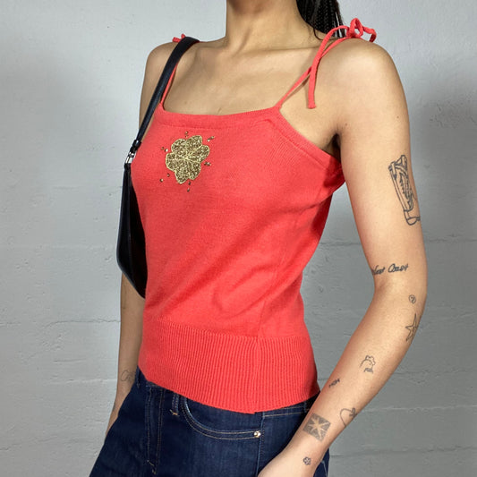 Vintage 2000's Groovy Red Top with Gold Hibiscus Embroidery Detail (S)