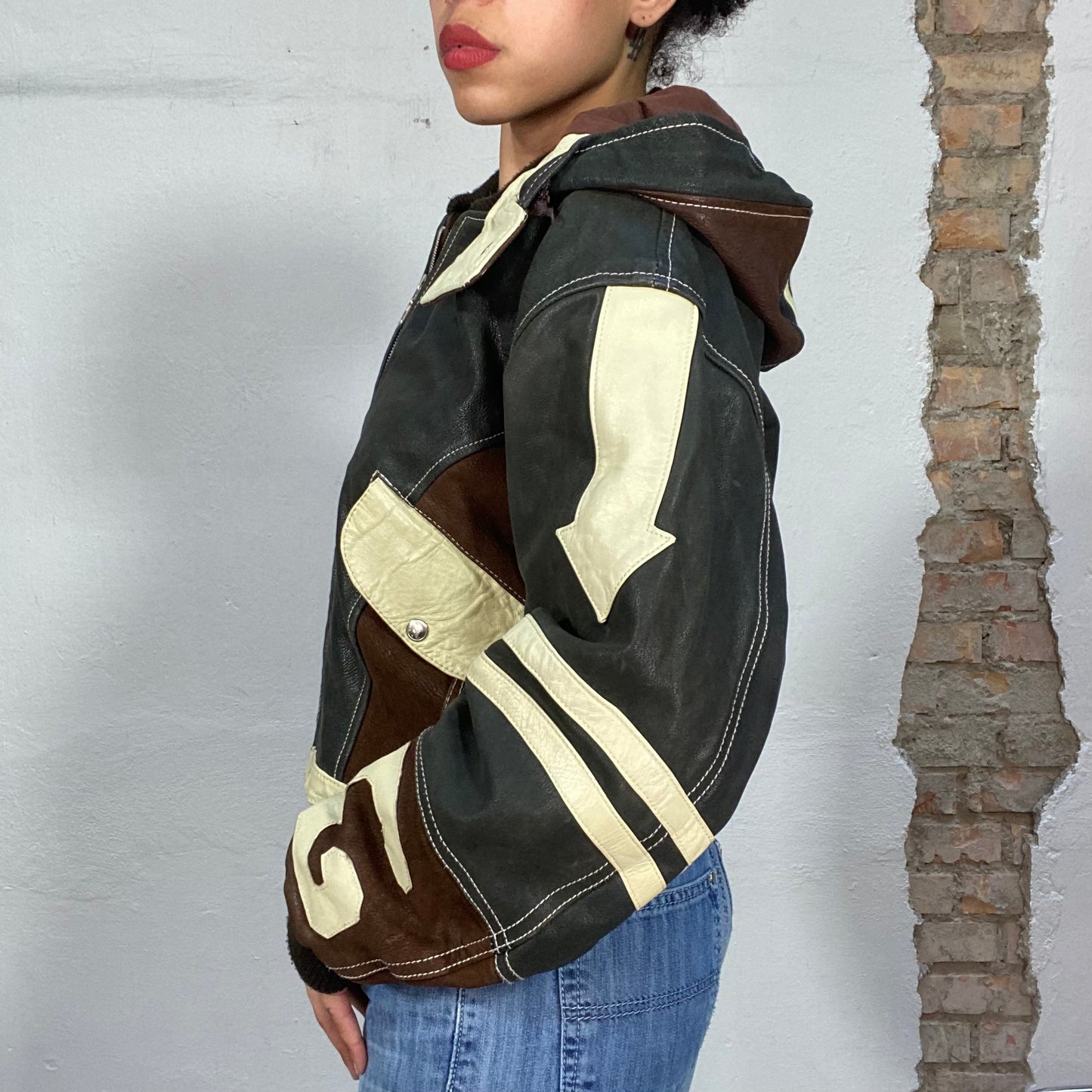 Vintage 90's Streetstyle Black Brown and White Leather Jacket with Hood (M)