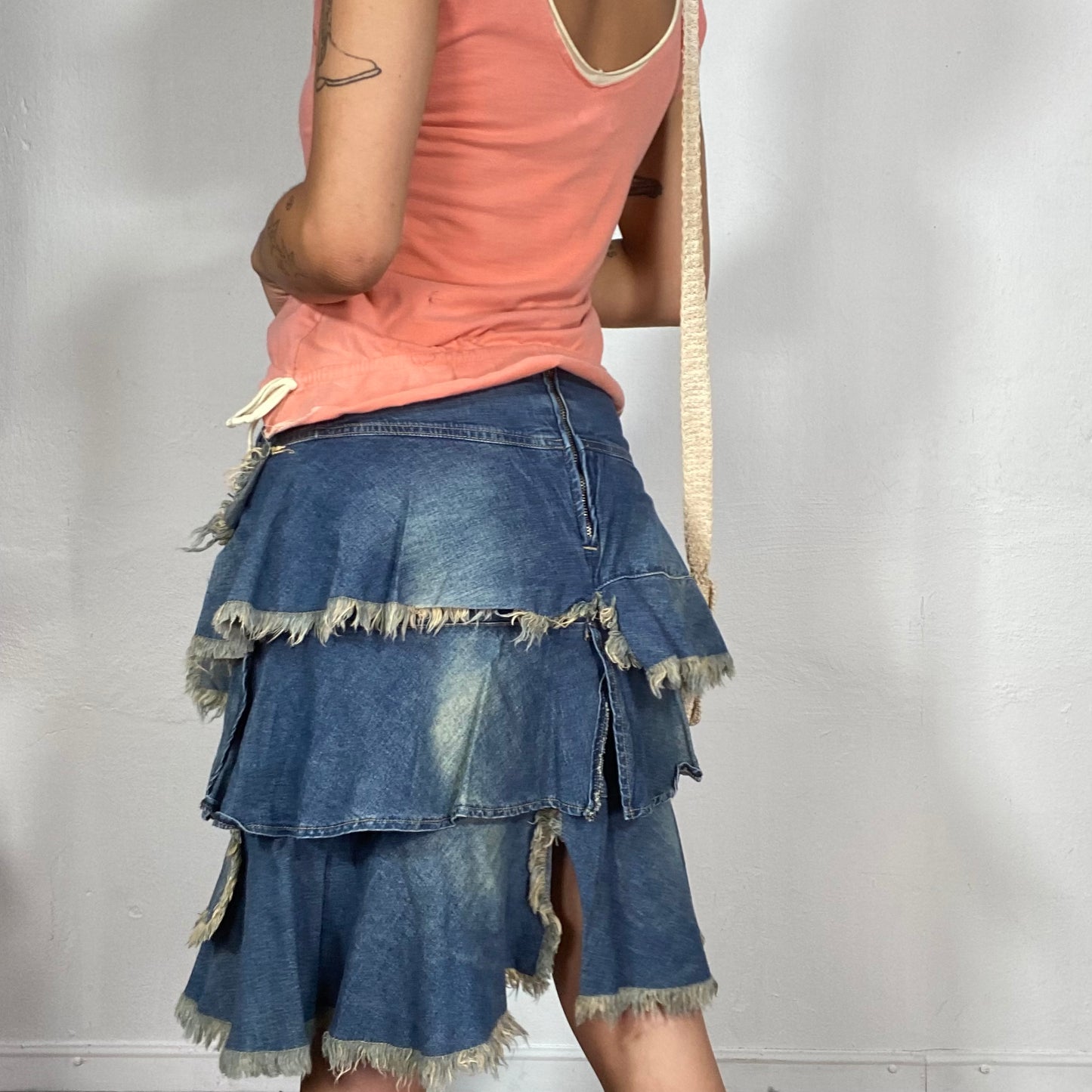 Vintage 2000's Morgan De Toi Denim Layered Midi Skirt with Raw Hem (S/M)