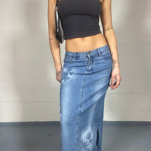 Vintage 90's Archive Denim Maxi Skirt with Printed Rose Spray Detail (S/M)