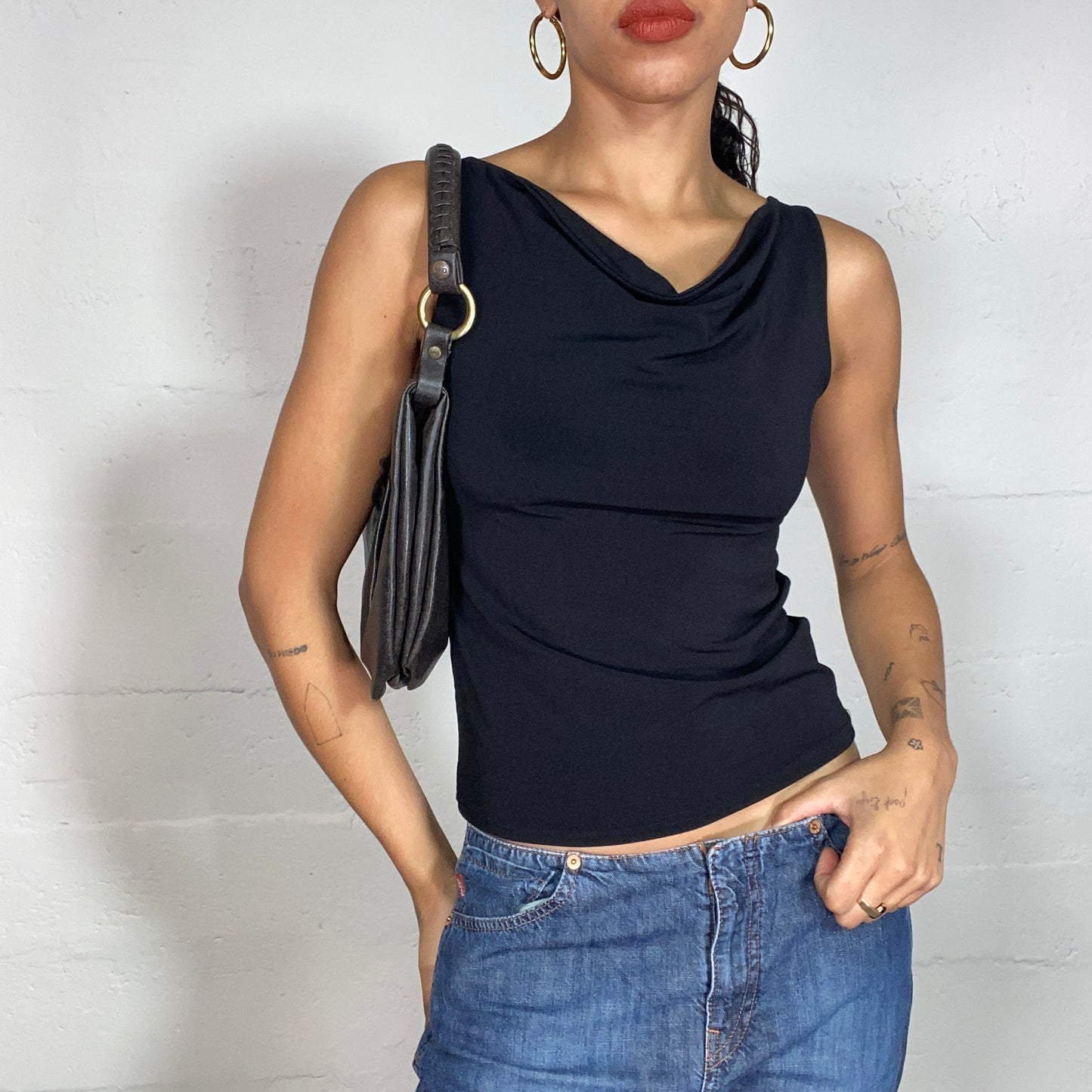 Vintage 2000's Clubwear Black Top with Drapped Neck Detail (S)