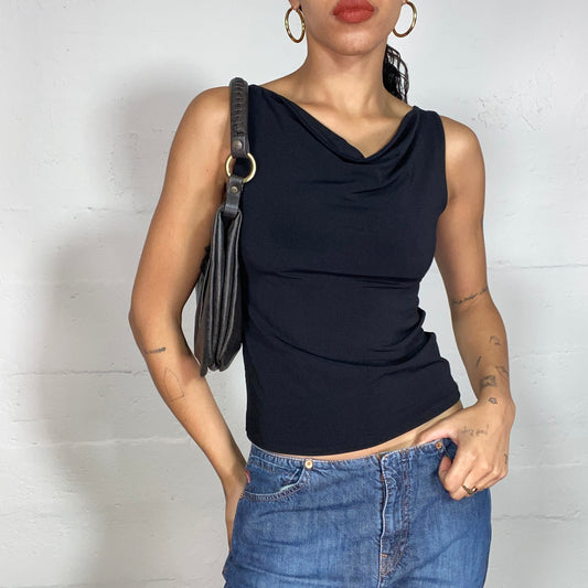 Vintage 2000's Clubwear Black Top with Drapped Neck Detail (S)