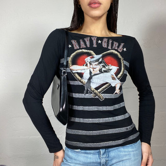 Vintage 2000's Downtown Girl Black Longlseeve Top with Marine Pin Up "navy Girl" Print (S/M)