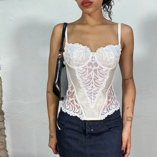 Vintage 2000's Coquette White Corset with Floral Embroidery Detail (S)