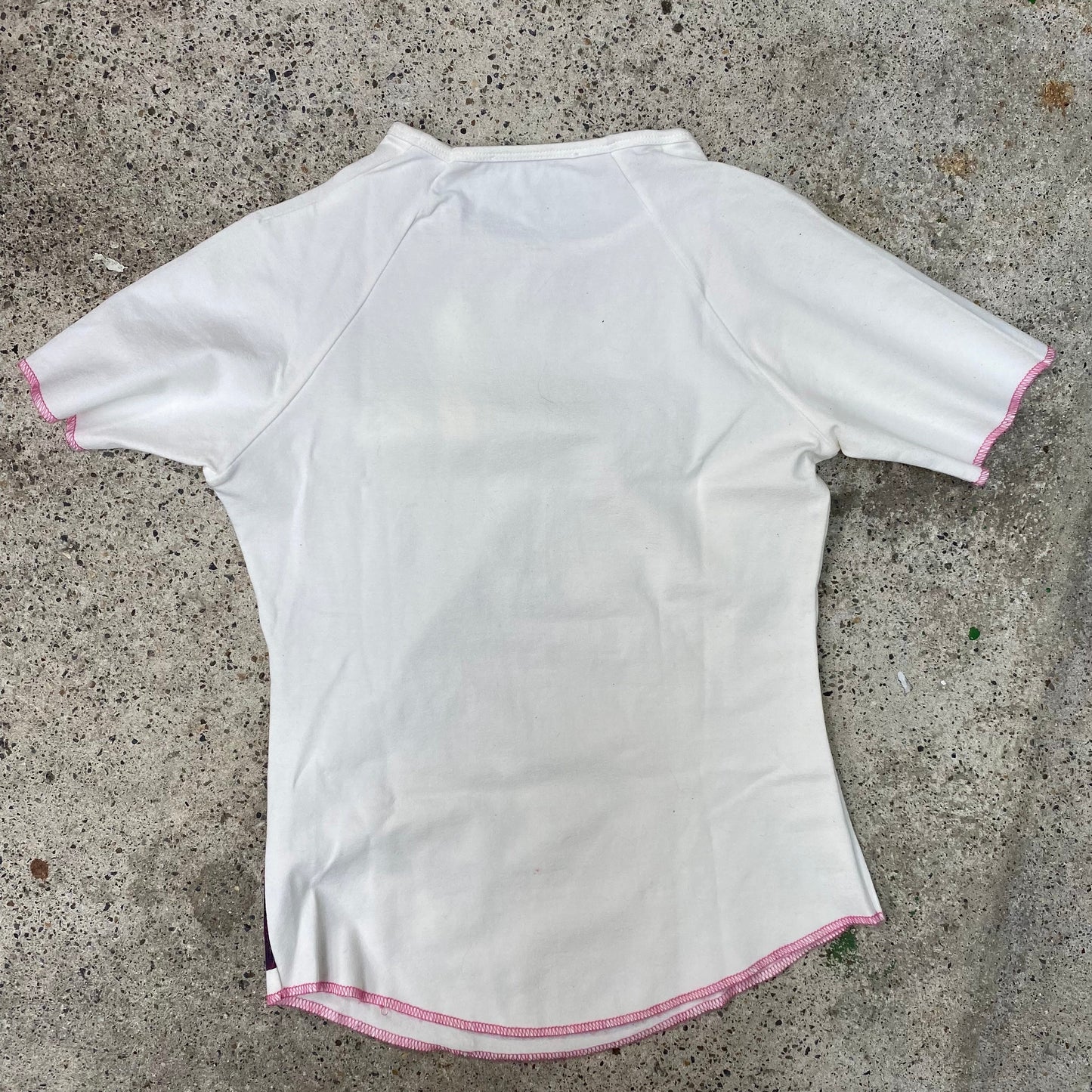 Vintage 2000's Funky White Shirt with Rockstar Print and Pink Contrast Stitching  (S)