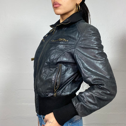 Vintage 2000's Archive Black Short Biker Jacket with High Neck and Zippers Detail (M)