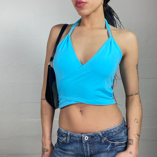 Vintage 2000's Sleaze Aqua Blue Neckholder Top with Strap Rings Detail (S)