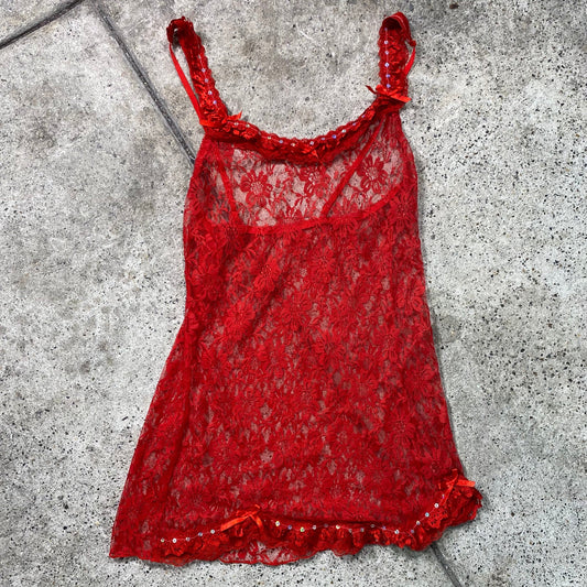 Vintage 2000's Lingerie Red Lace Cami Mini Dress Top (S)