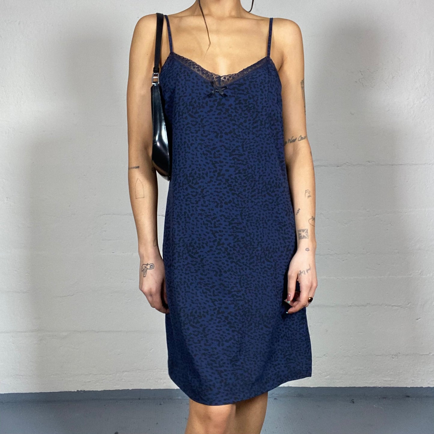 Vintage 2000's Lingerie Navy Blue Slip Dress with Bkack Cheetah Print (L)