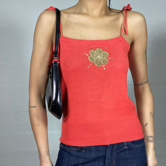Vintage 2000's Groovy Red Top with Gold Hibiscus Embroidery Detail (S)