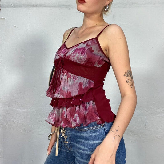 Vintage 90's Indie Red Layered Top with Ros Print and Sequin Detail (S/M)