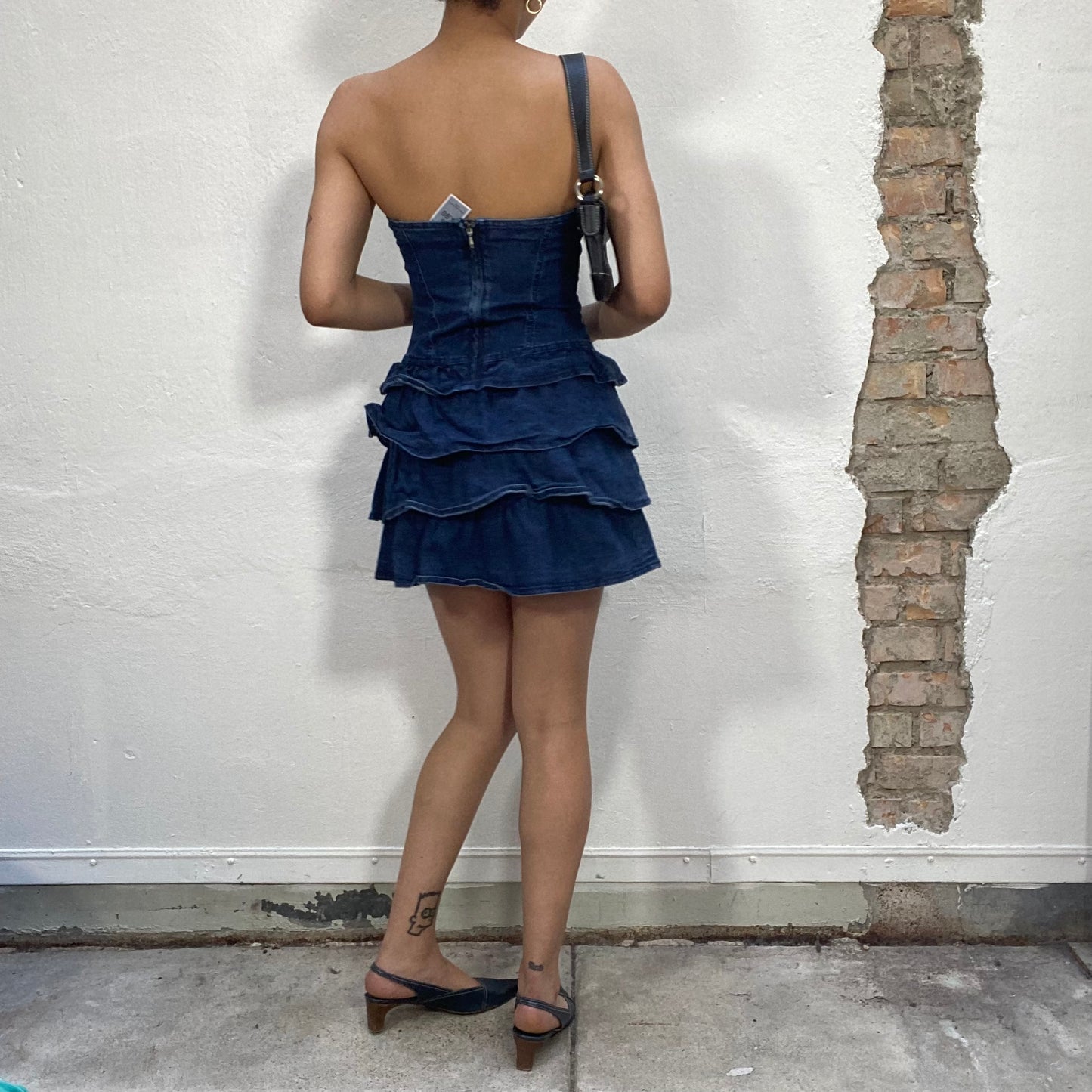 Vintage 2000's Night Out Denim Strapless Mini Dress with Layered Bottom (S)