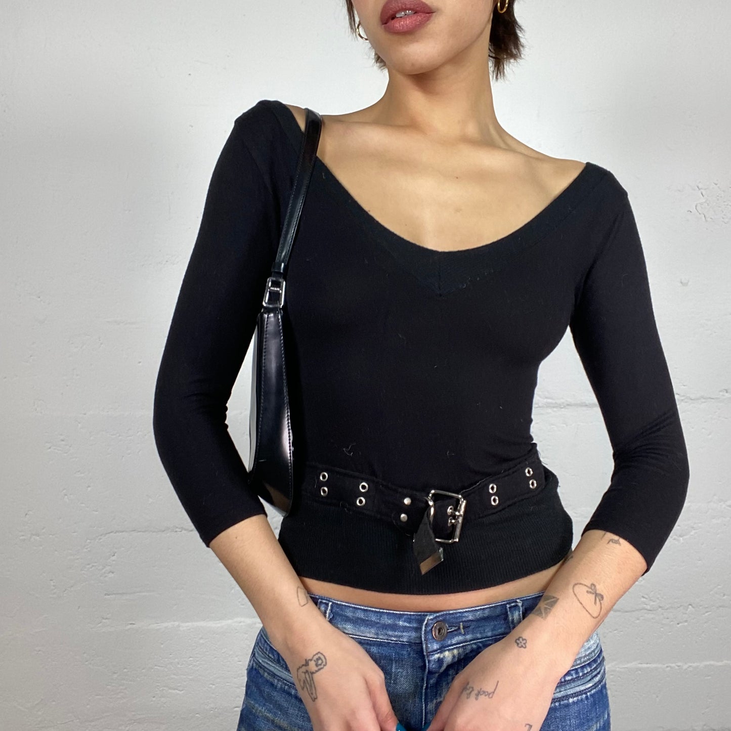 Vintage 90's Romantic Girl Black Longsleeve Top with Belted Bottom Detail (S)