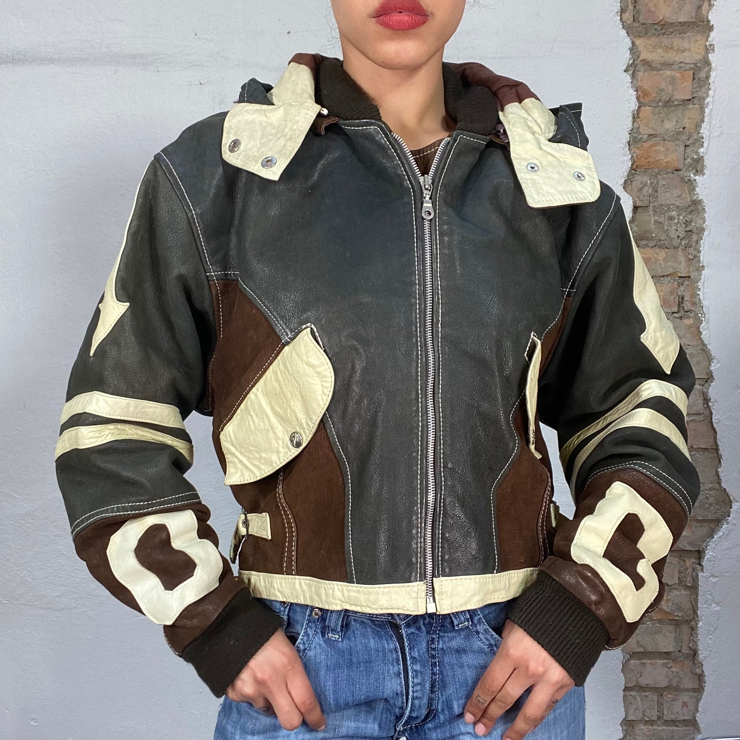 Vintage 90's Streetstyle Black Brown and White Leather Jacket with Hood (M)