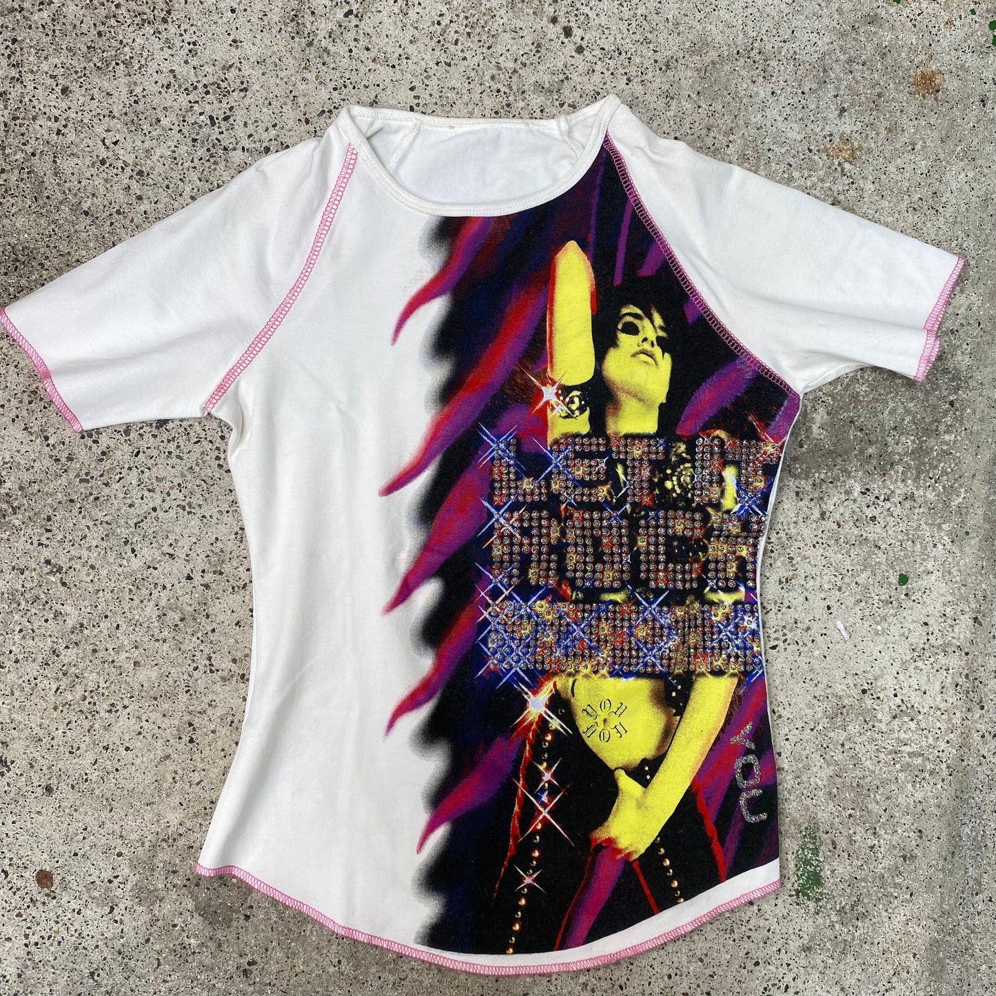 Vintage 2000's Funky White Shirt with Rockstar Print and Pink Contrast Stitching  (S)