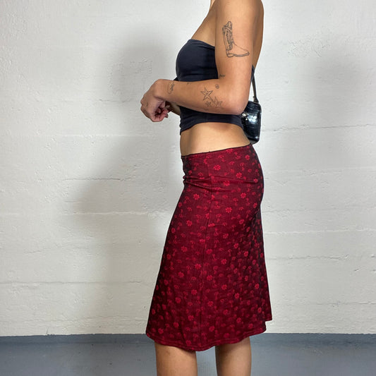 Vintage 2000's Vampy Girl Burgundy Midi Pencil Skirt with Floral Print (S)