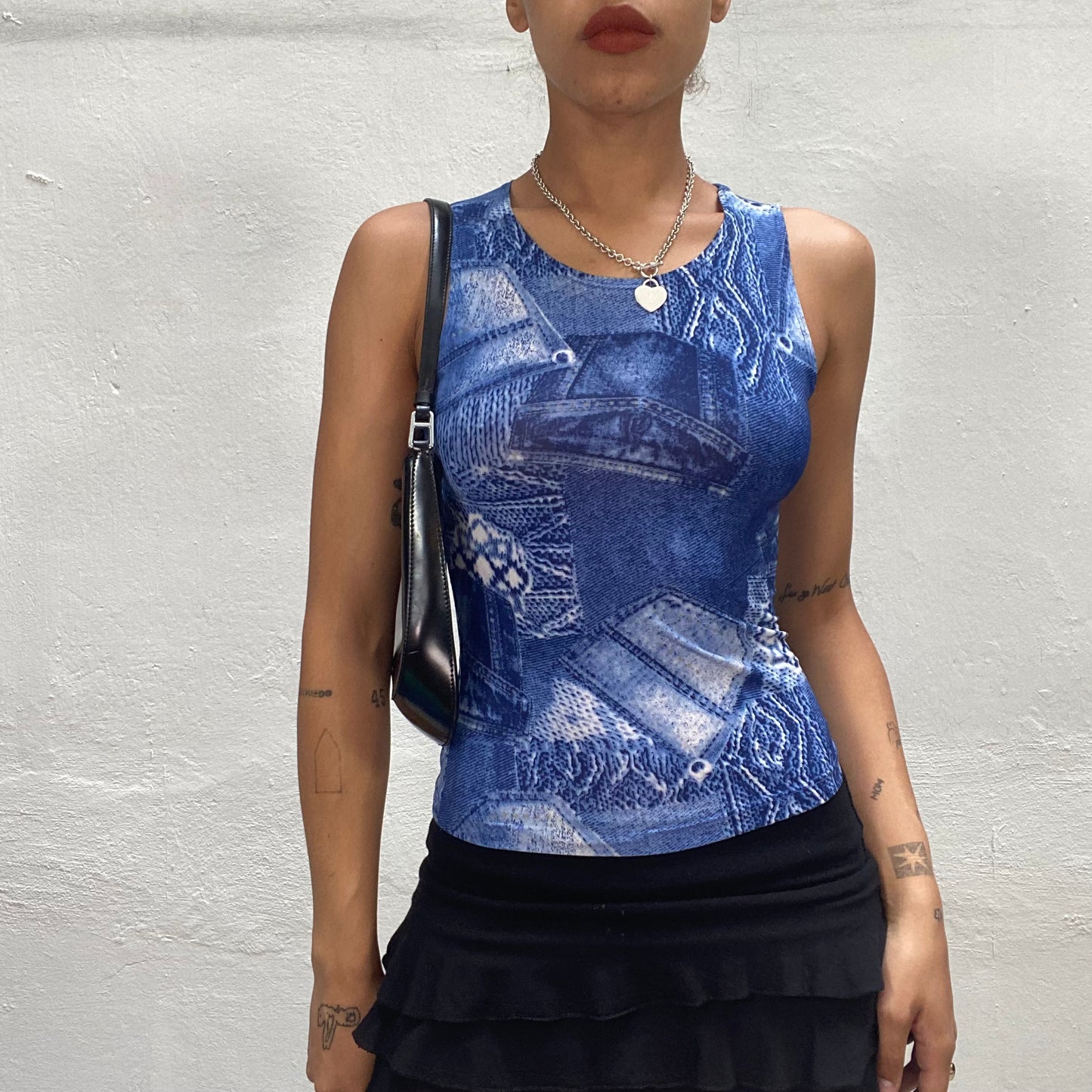 Vintage 2000's Festival Blue Top with Jeans Print (S)