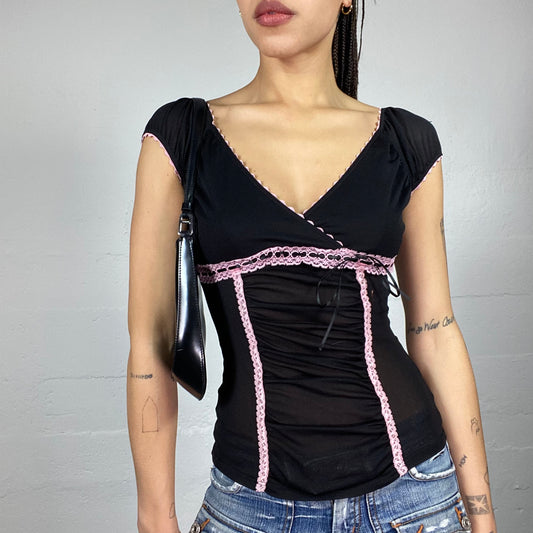 Vintage 2000's Coquette Black Blouse Top with Pink Lace Detail (S)