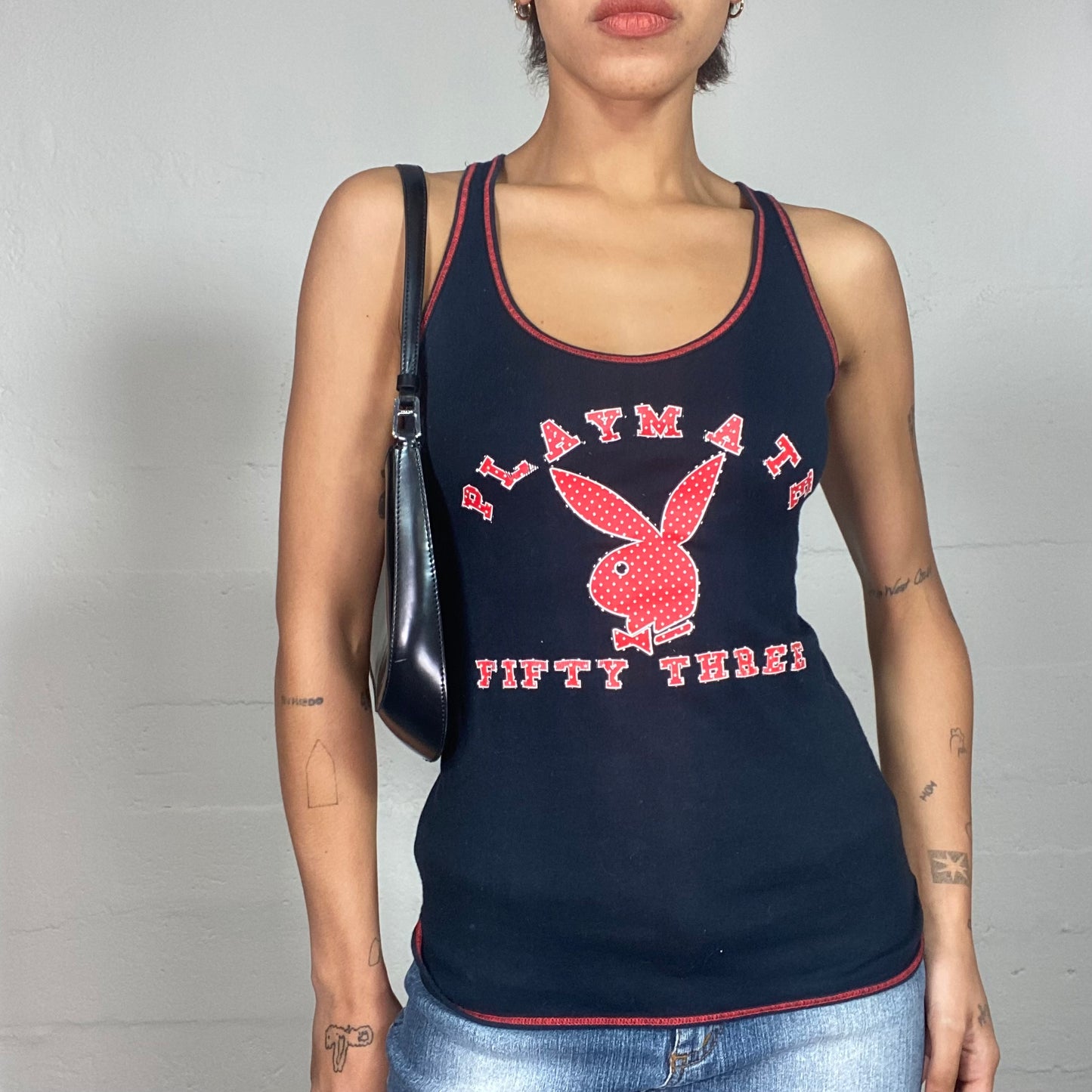 Vintage 2000's Playboy Sporty Black Top with Red Logo Print (S/M)