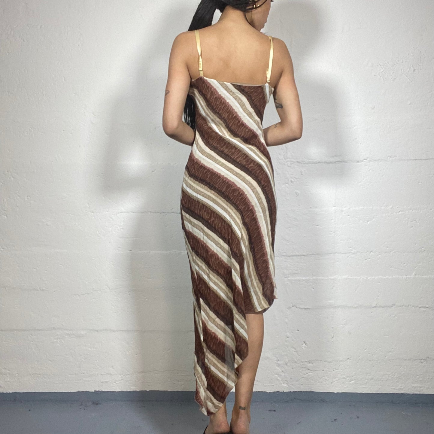 Vintage 90's Indie Brown and Beige Midi Dress with Diagonal Paint Lines Print (S)