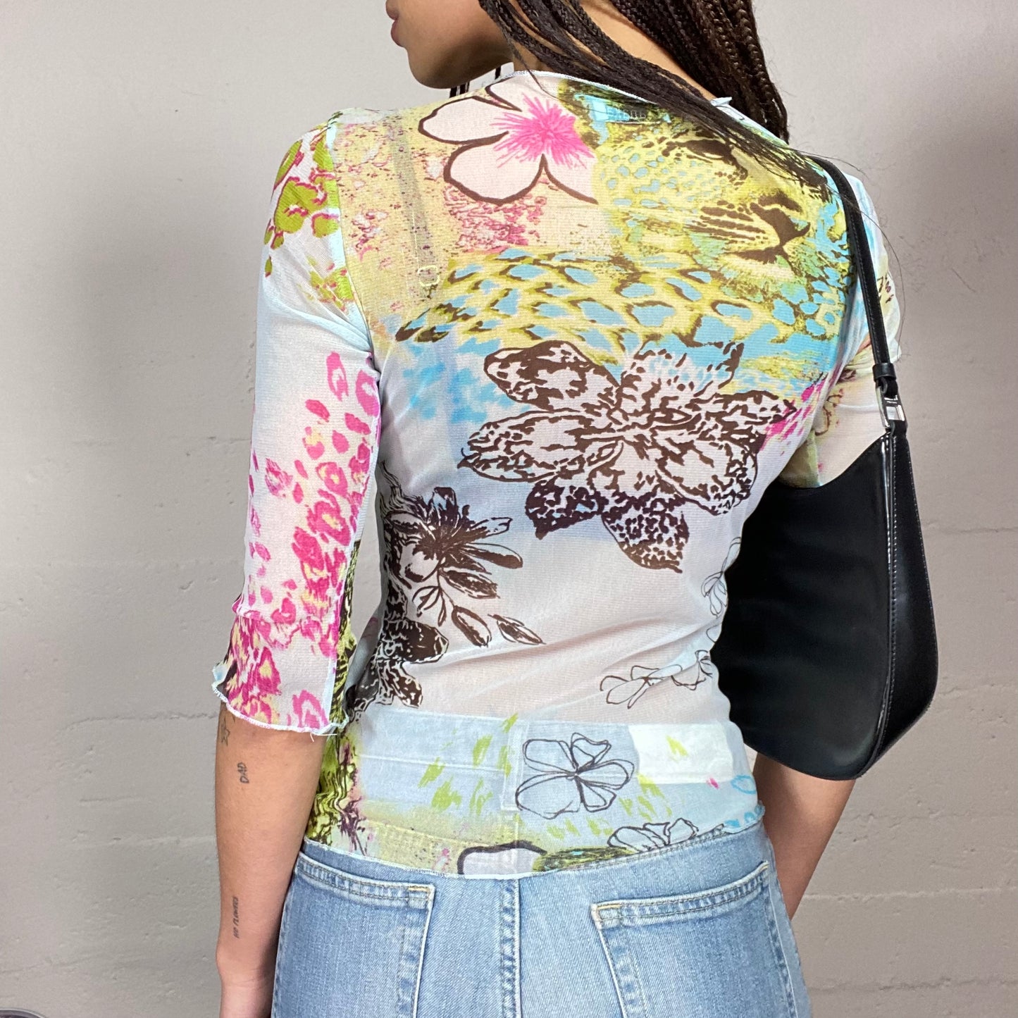 Vintage 2000's Downtown Girl Mesh White Longlseeve Top with Green and Fuchsia Cheetah Print (S/M)