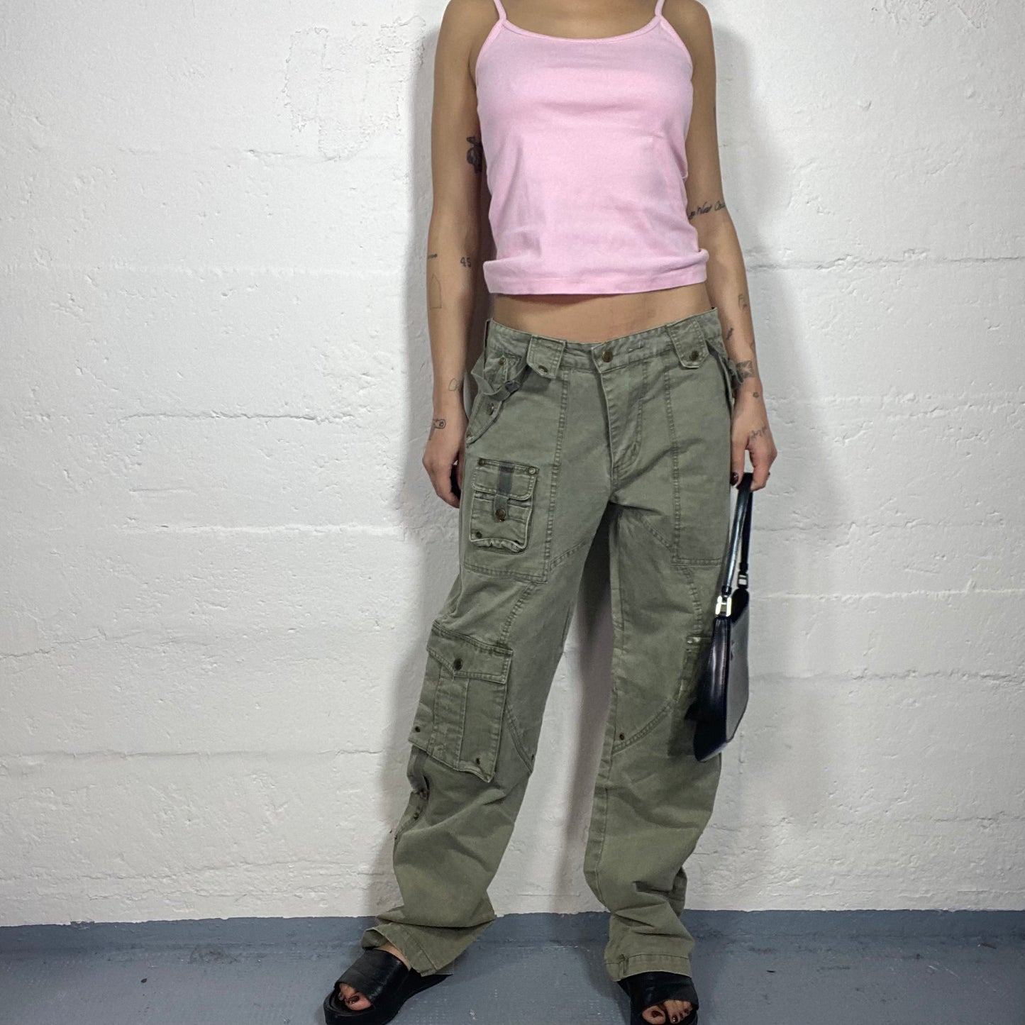 Vintage 2000's Cyber Khaki Cargo Pants with Multiple Studs & Pockets Detail (S)