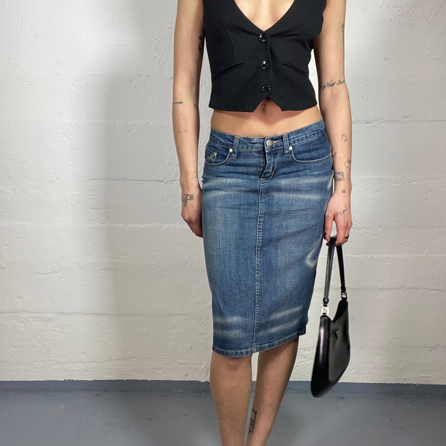 Vintage 2000's Cowboy Denim Midi Pencil Skirt with Bleached Print Detail (S/M)