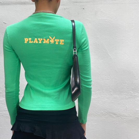 Vintage 2000's Archive Playboy Green Longsleeve Top with Yellow „Playmate“ Logo Print (S)