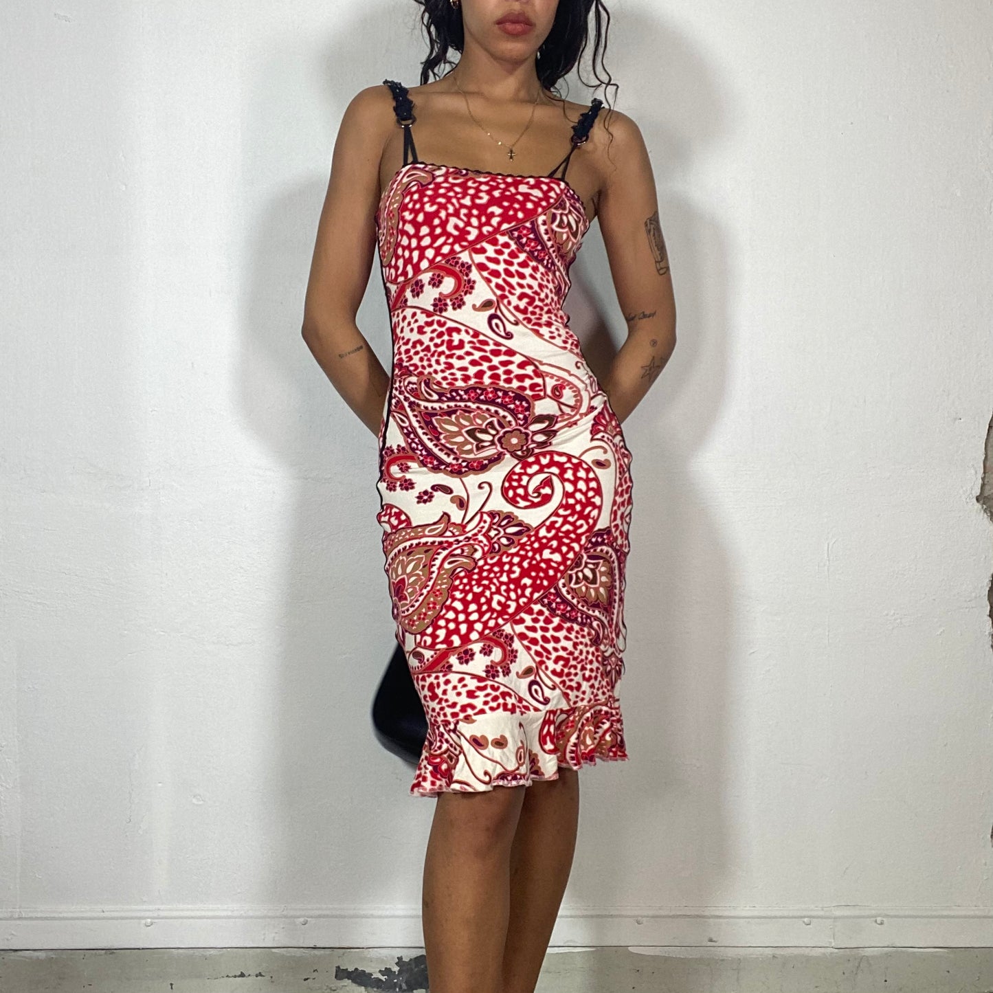 Vintage 2000's Summer Red Bodycon Dress with Paisley Maxi Print (XS/S)