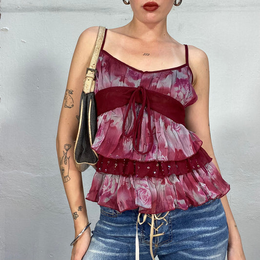 Vintage 90's Indie Red Layered Top with Ros Print and Sequin Detail (S/M)