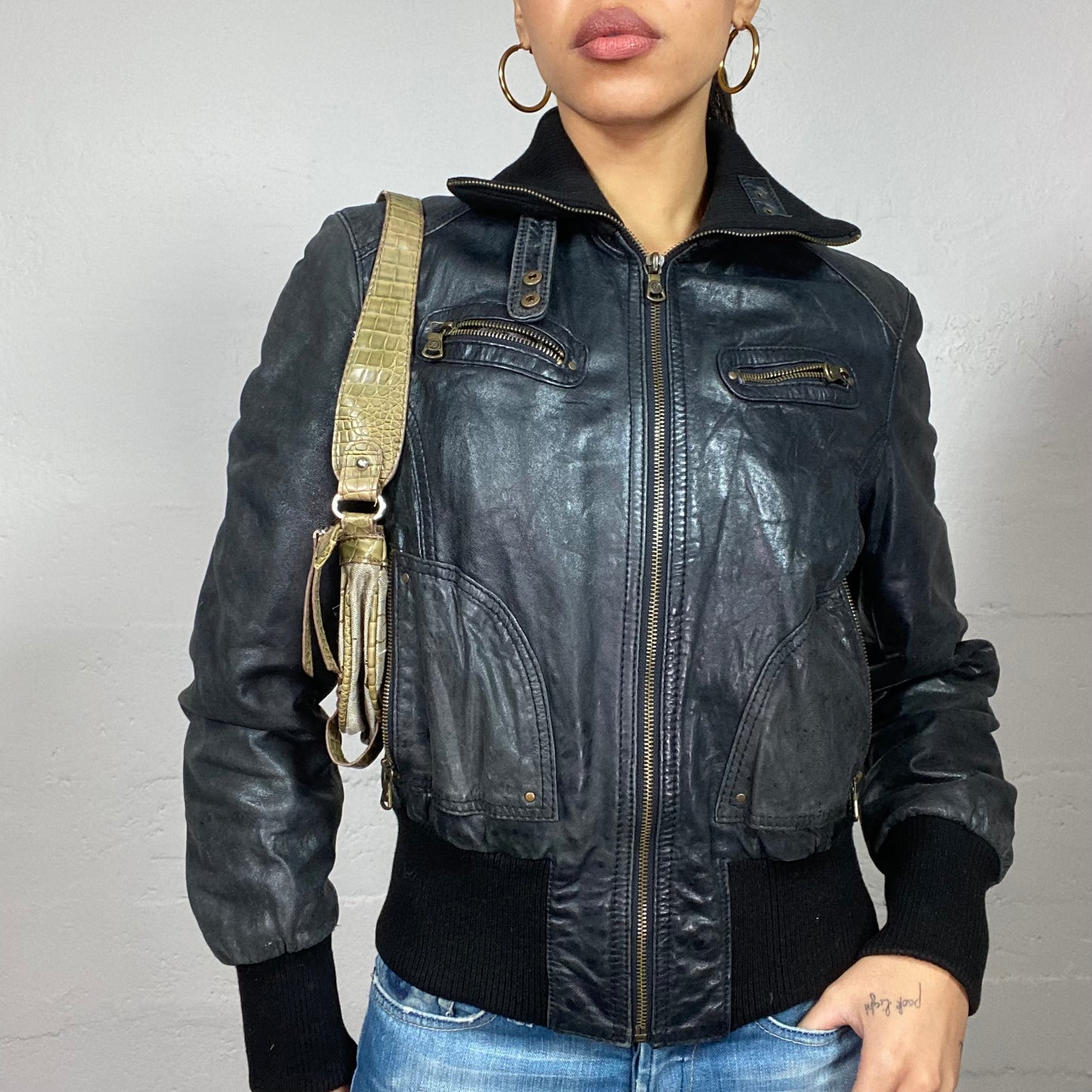 Vintage 2000's Archive Black Short Biker Jacket with High Neck and Zippers Detail (M)