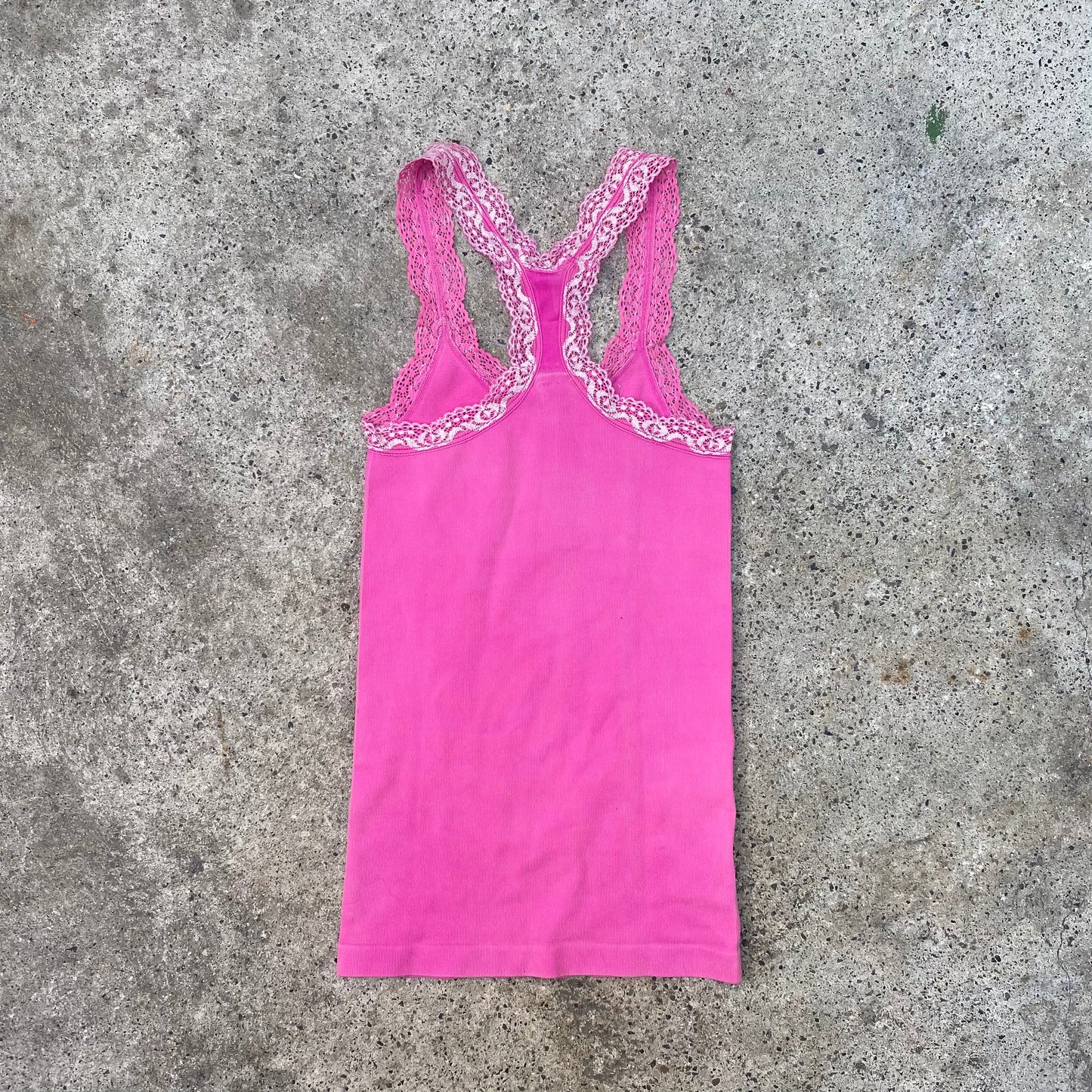 Vintage 2000's Funky Bubble Gum Pink Ribbed Tank Top with Lace Trim (S)