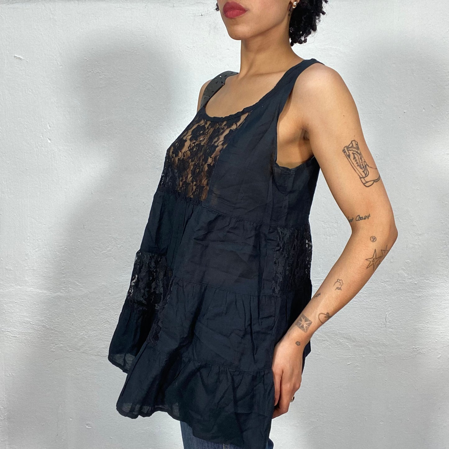 Vintage 2000's Summer Black Lace Baby Doll Top (M)