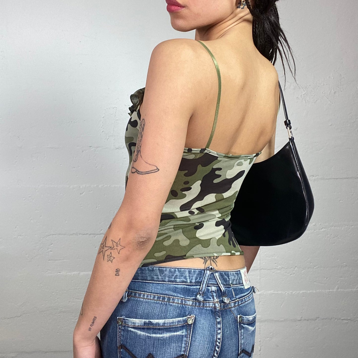 Vintage 2000's Rave Khaki Crpped Top with Camo Print and Frilled Neckline Detail (S)