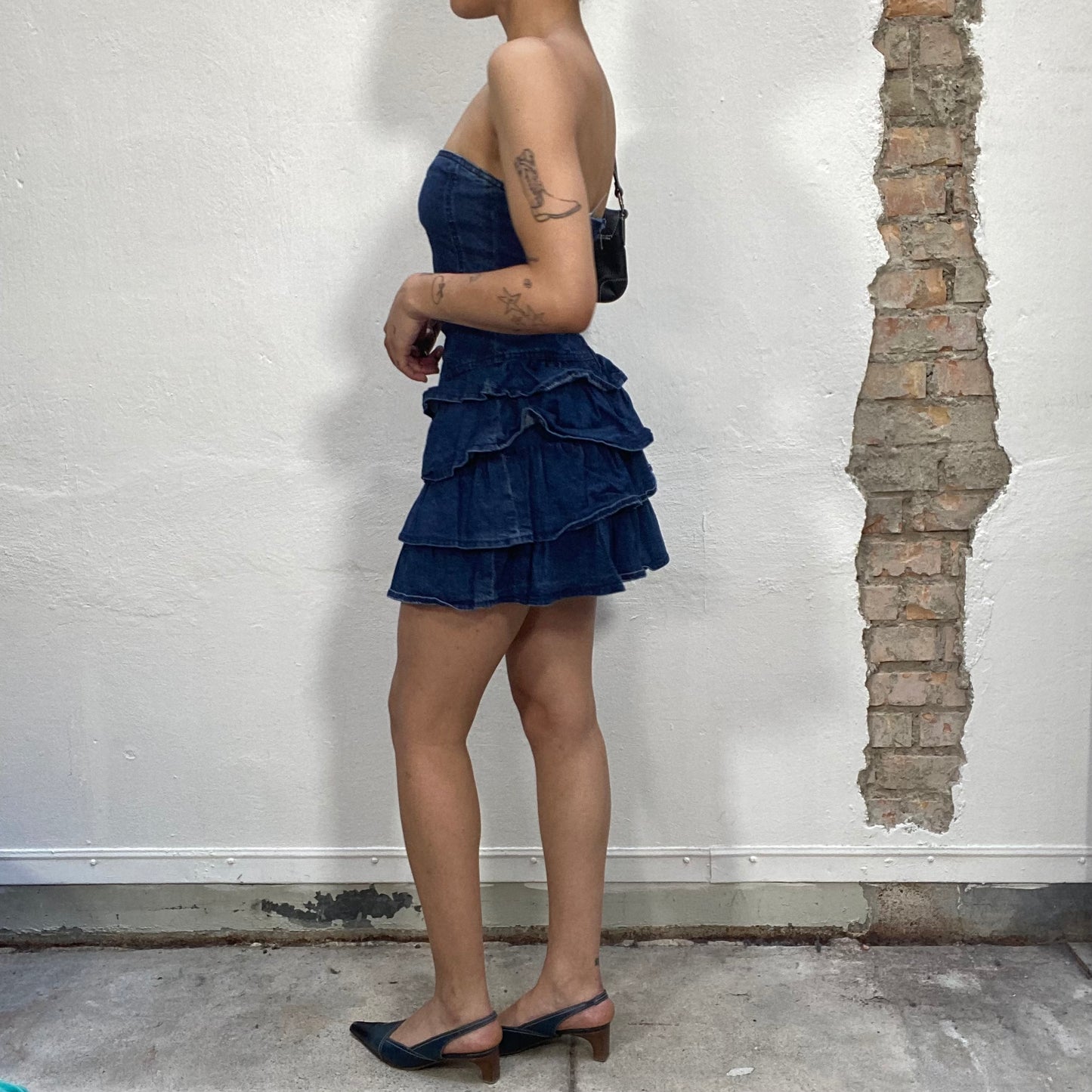 Vintage 2000's Night Out Denim Strapless Mini Dress with Layered Bottom (S)