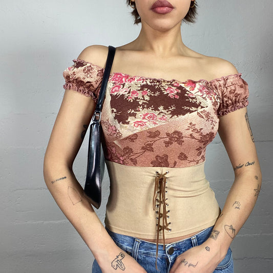 Vintage 2000's Cow-Girl Brown Top with Red Patched Floral Print (S)