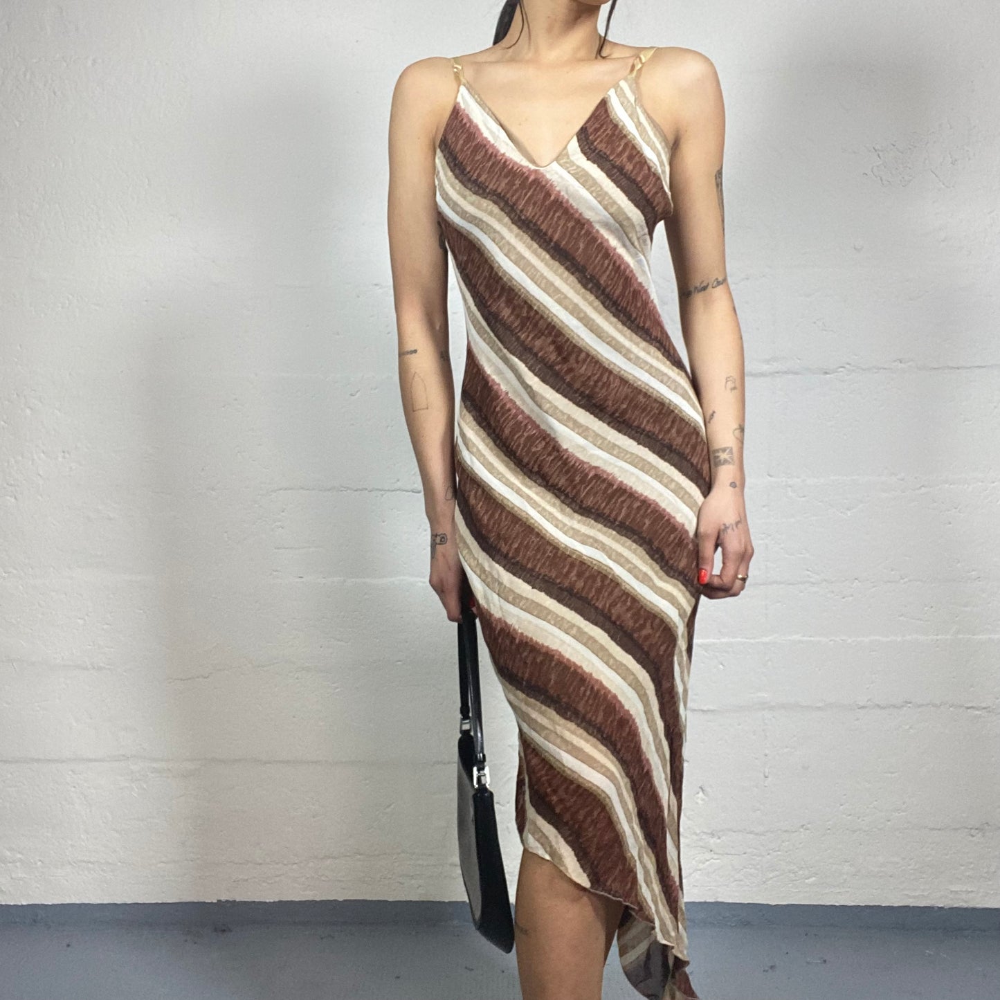 Vintage 90's Indie Brown and Beige Midi Dress with Diagonal Paint Lines Print (S)