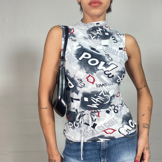 Vintage 2000's Girl-Pop Grey Highneck Top with Comic Print (S/M)