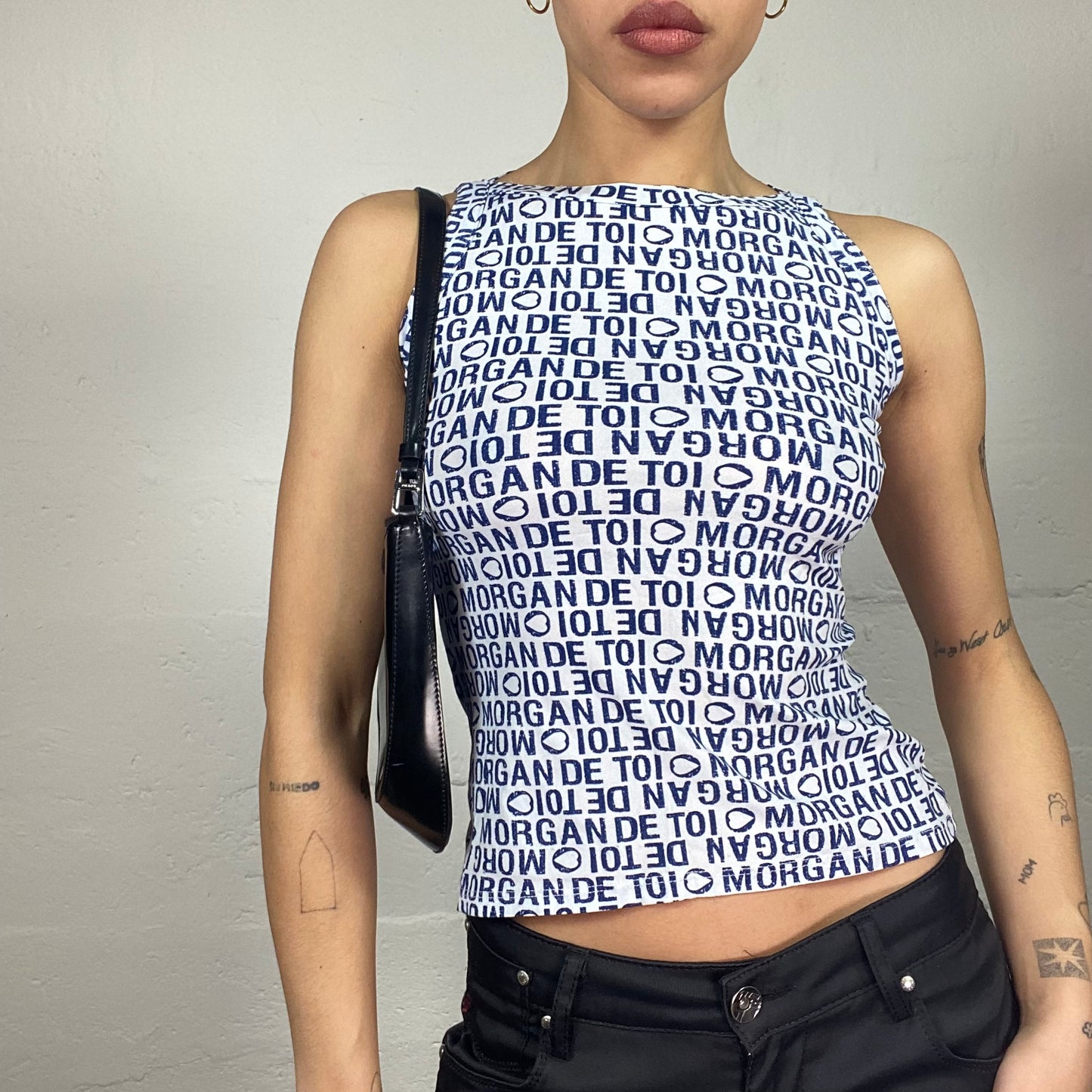 Vintage 90's Morgan Downtown Girl White Top with Blue Monogram Print (S)