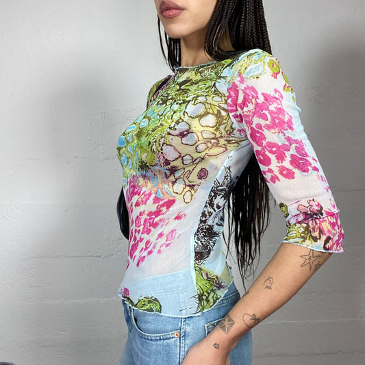 Vintage 2000's Downtown Girl Mesh White Longlseeve Top with Green and Fuchsia Cheetah Print (S/M)